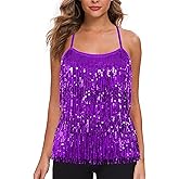 MANER Women’s Sequin Fringe Top Sparkly Party Tank Top Tassel Trim Cami