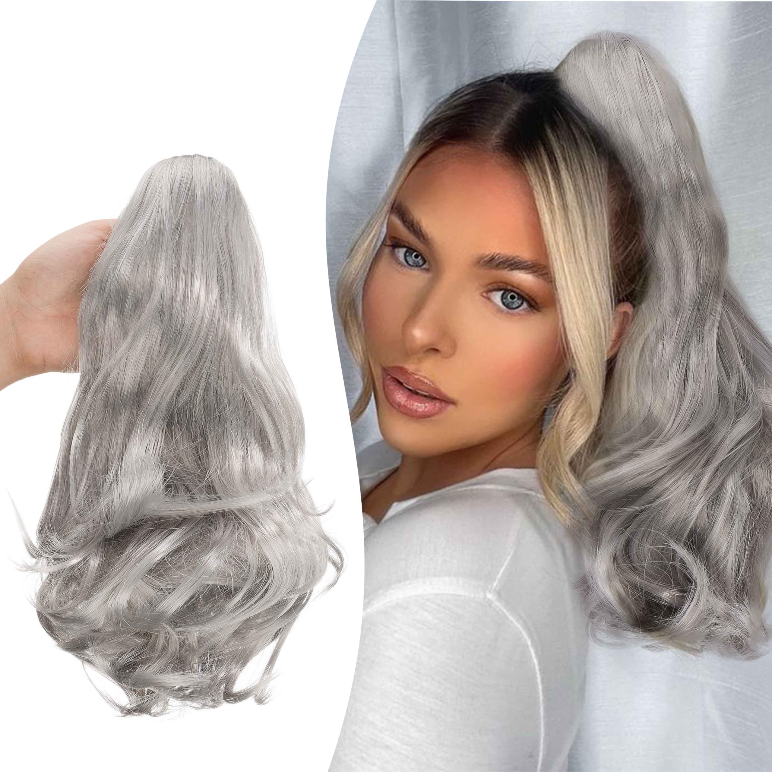Gairyan 10" Clip in Ponytail Hair Extensions Curly Ponytail Extension Claw on Pony tails Wavy Synthetic Hairpieces for Women Real Natural Short Wave, Dark Gray