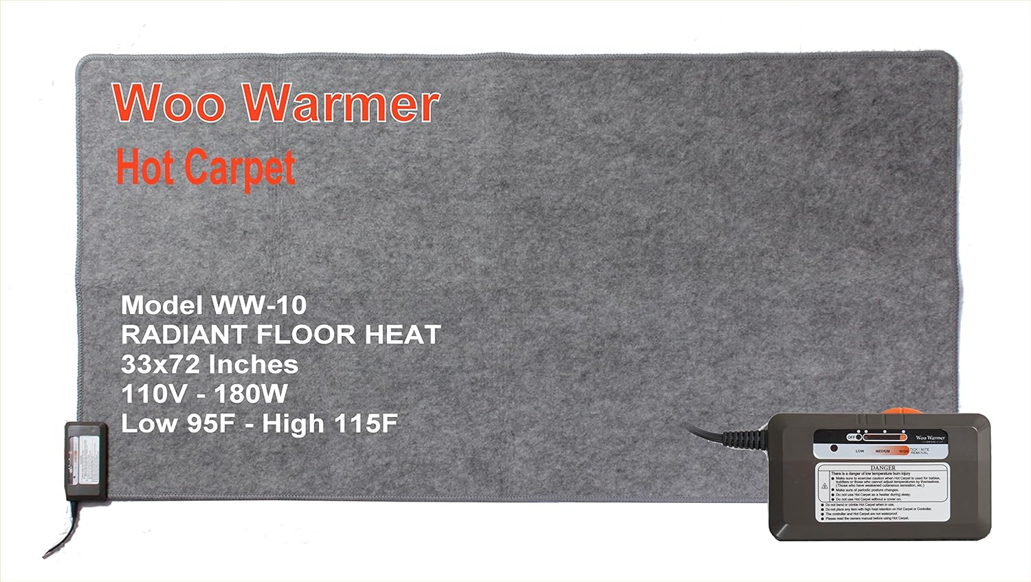 Woo Warmer Hot Carpet Under Rug Instant Radiant Floor Heater Electric Mat Electric Carpet Electric Heated Area Rug (180 watt 33" x 72 inches)