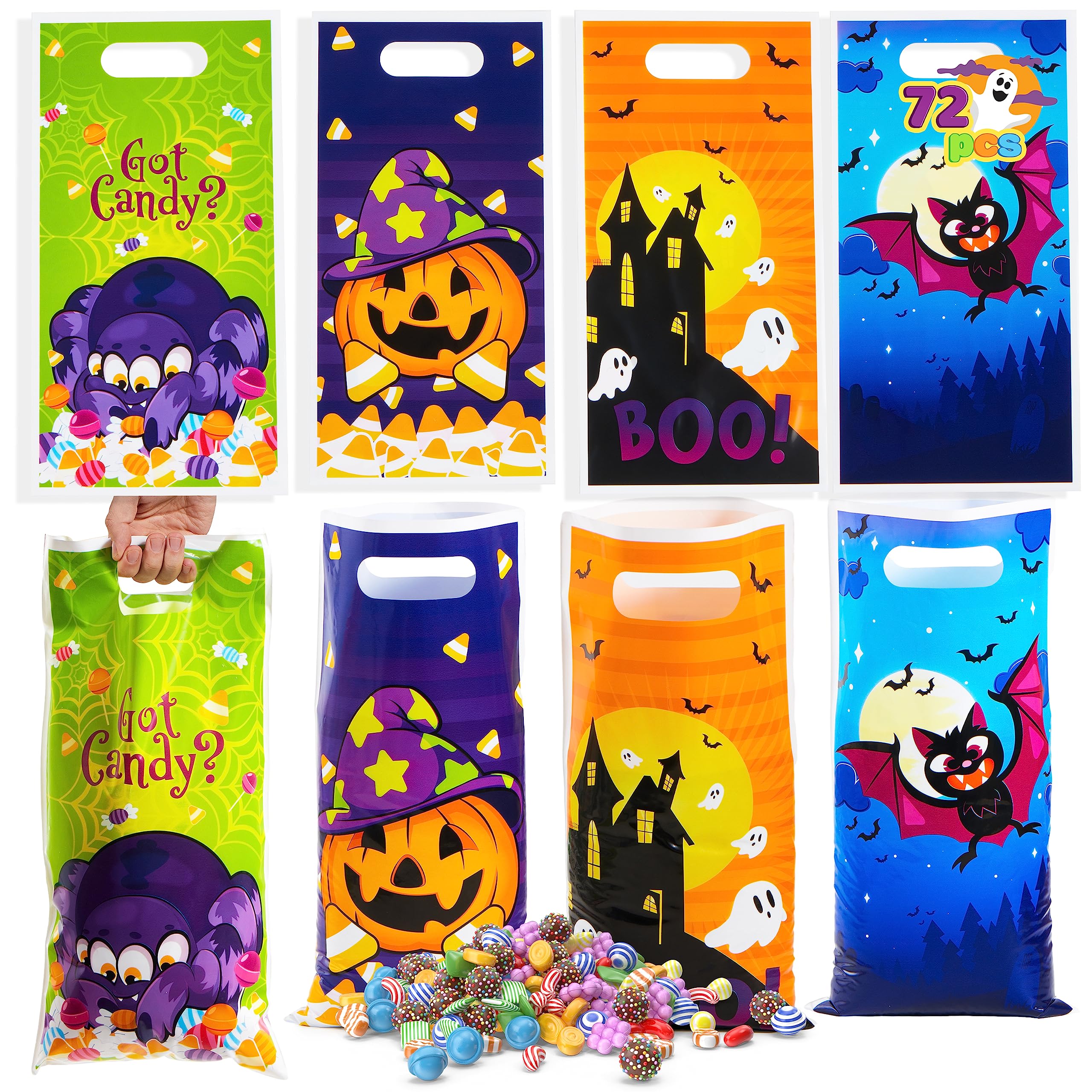 JOYIN 72 Pieces Halloween Trick Or Treat Bags in 4 Designs for Trick-or-Treating, Halloween Party Favors, Event Party Supplies, Halloween Goodie Bags, 26CM