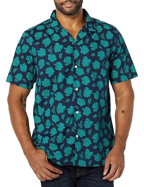 Amazon Essentials Men's Vacation Cotton Resort Shirt, Slim-Fit Short Sleeve, Navy Teal Green Palm Leaf Print, Small
