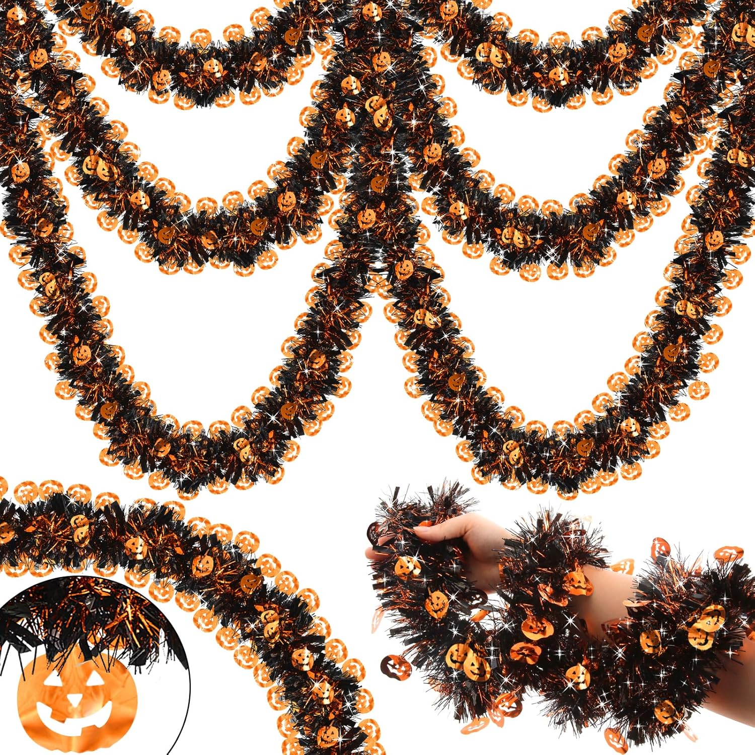 Wreaths, Garlands & Swags - 2 Pack Total 66 Ft Halloween Orange Pumpkin Tinsel Garland Halloween Metallic Hanging Garland Decoration for Halloween Party Indoor Outdoor Home Decor