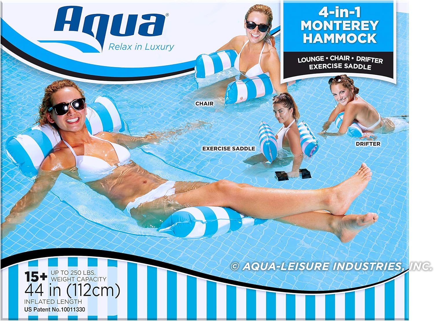 Aqua 4-in-1 Monterey Hammock Inflatable Pool Float, Multi-Purpose Pool Hammock (Saddle, Lounge Chair, Hammock, Drifter) Pool Chair, Portable Water Hammock, Light Blue/White Stripe: Toys & Games