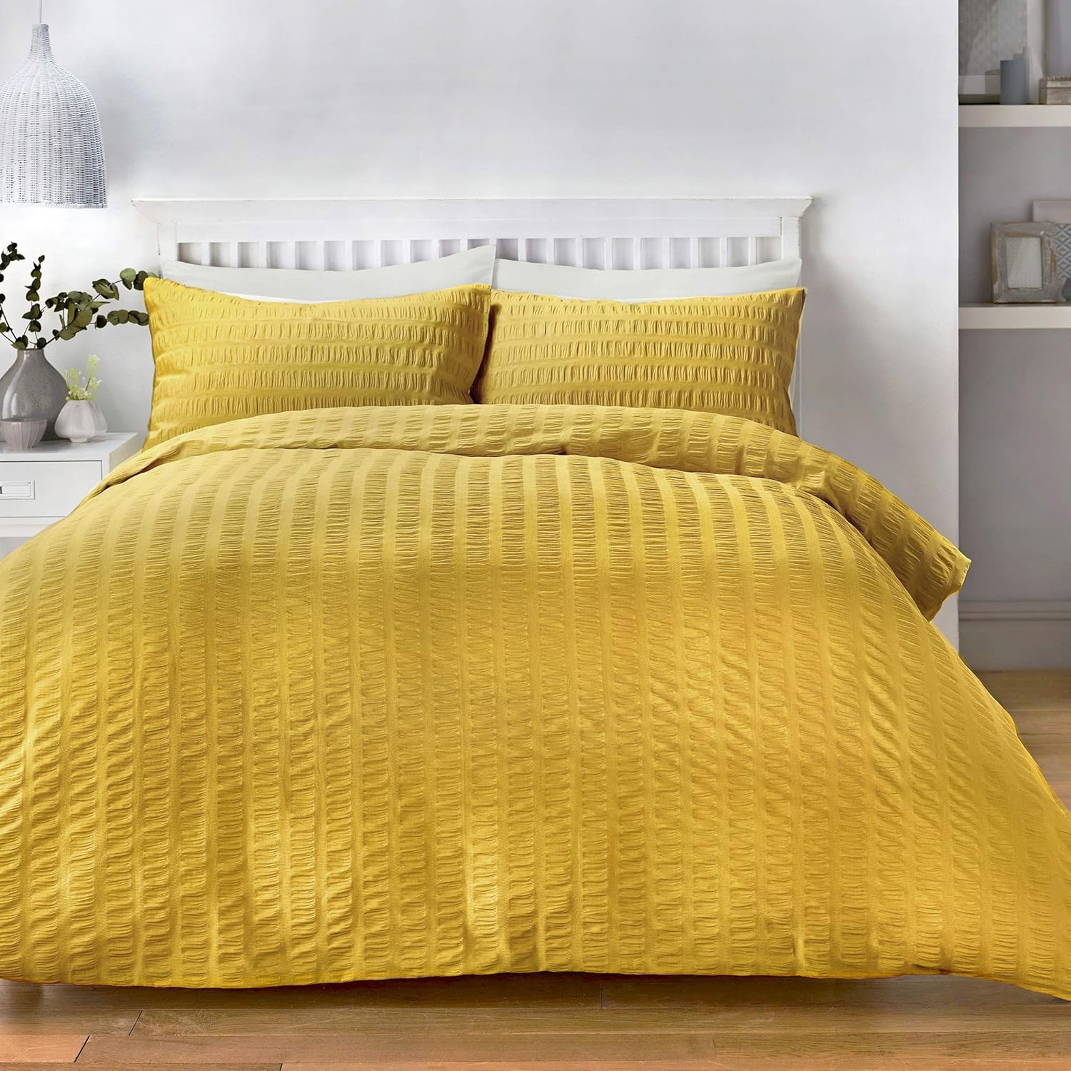 Serene Seersucker Duvet Cover Set, Ochre, Single, W137cm x L200cm