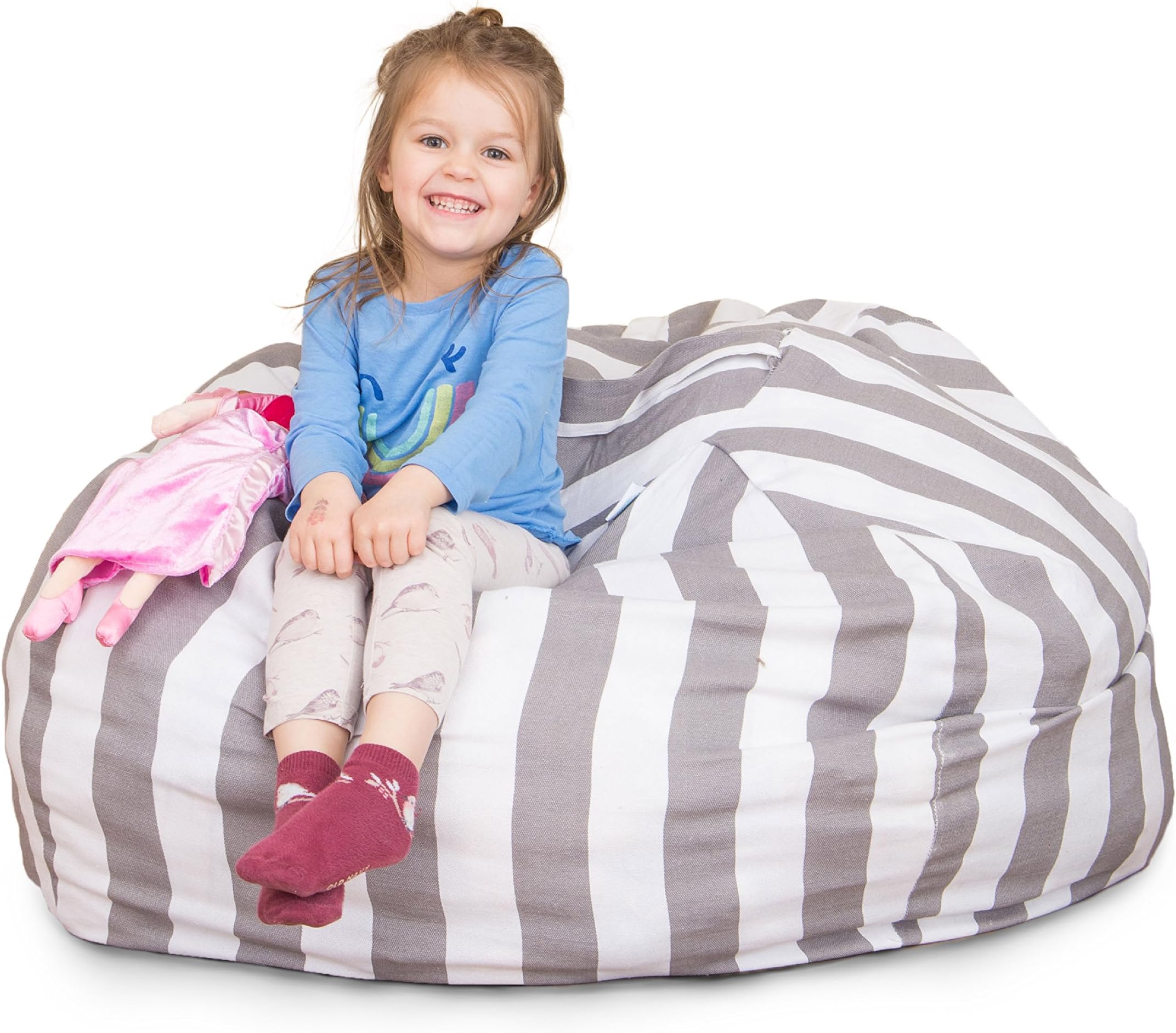 Chubberroo Stuffed Animal Bean Bag Chair for Kids, Extra Large Storage for Toys and More, Gray and White Stripe Lounger for Children, 38