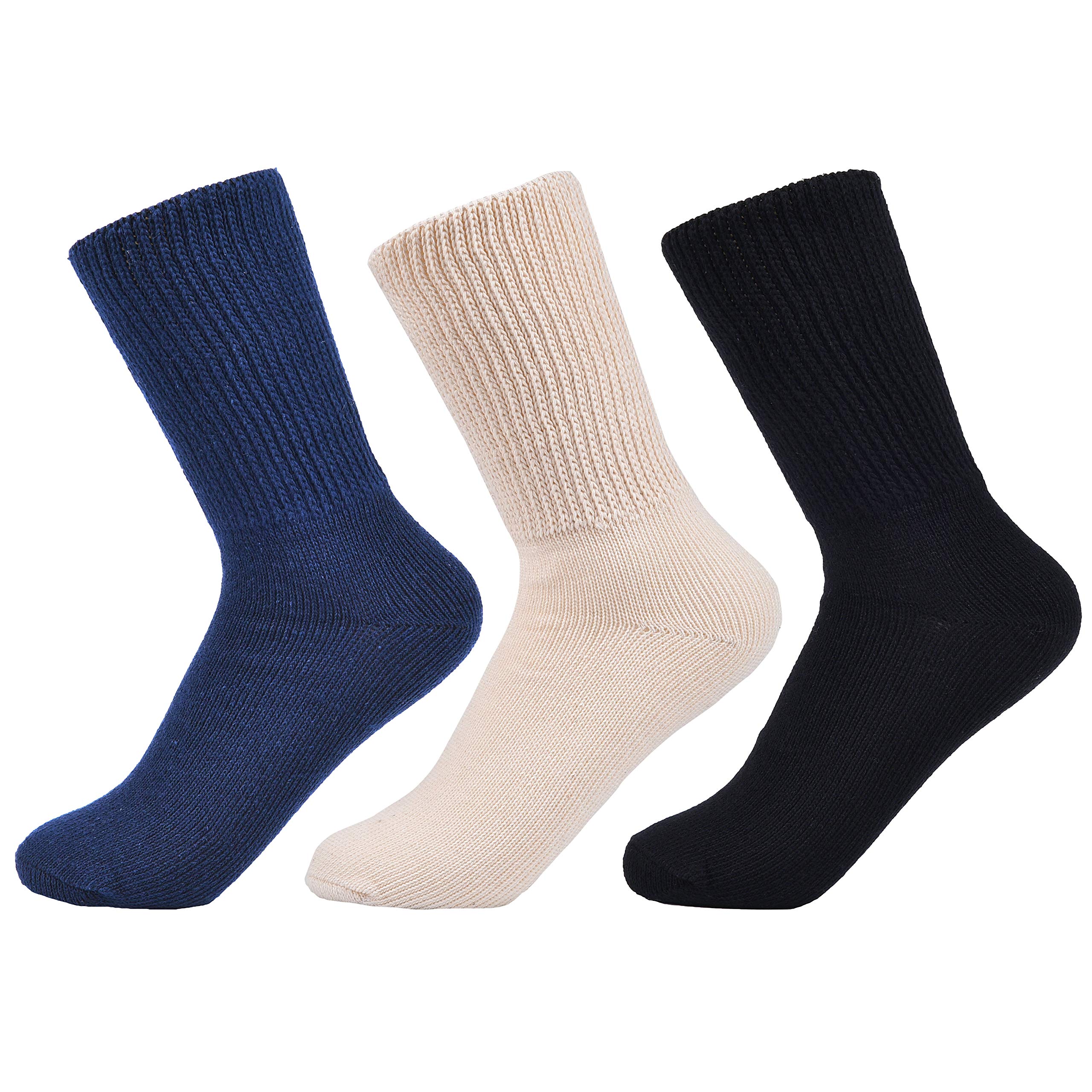 Laulax Ladies 3 Pairs Loose Top Gentle Grip Diabetic Cotton Socks, Size UK 4-7 / Europe 36-41, Black, Navy, Beige