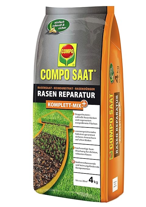 COMPO SAAT Rasen Reparatur Komplett-Mix+, Rasensaat, Keimsubstrat,Langzeit-Rasendünger und Bodenaktivator, 4 kg, 20 m²