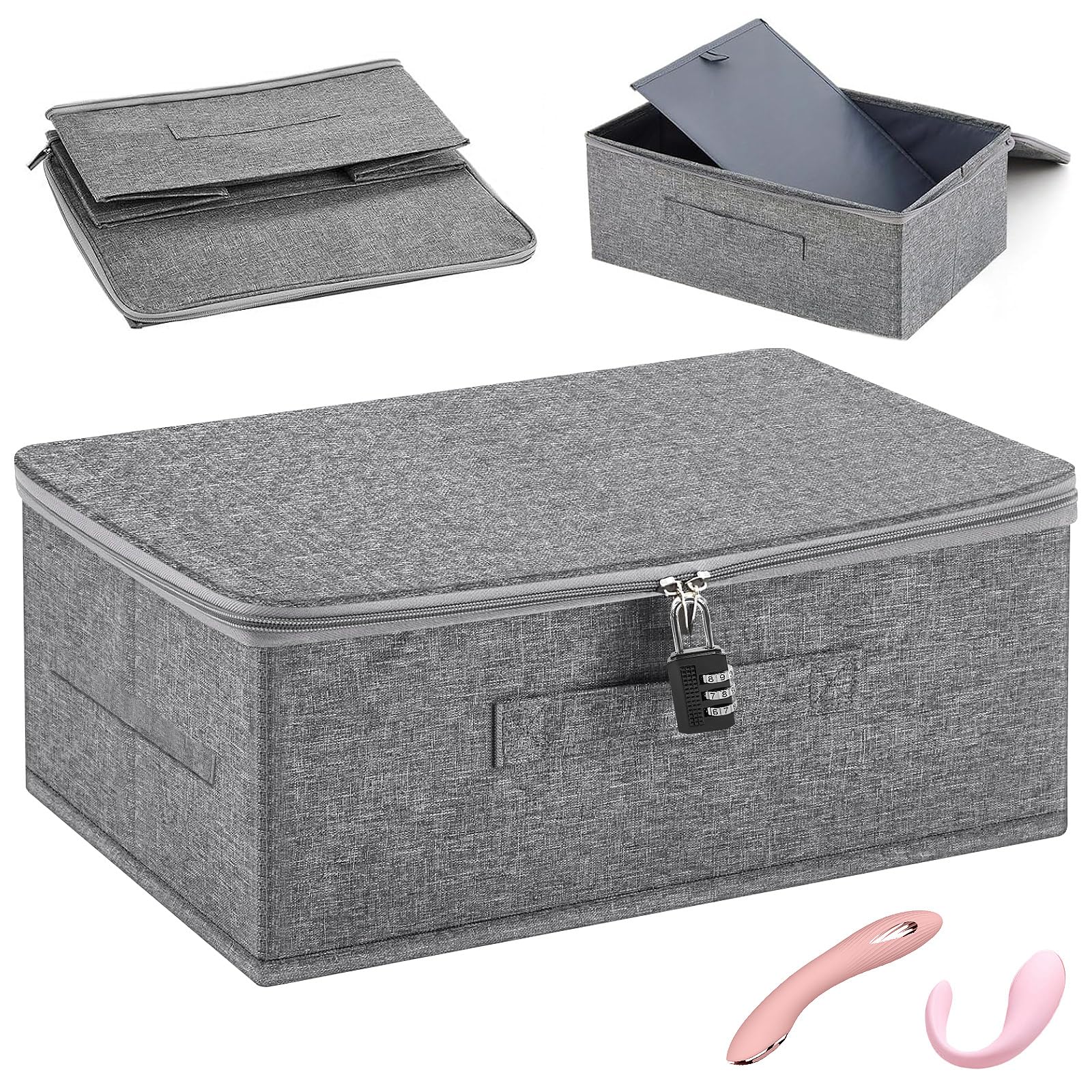 Photo 1 of 2 Pack Locking Storage Boxes with Combination Locks 15.7x11.6x7.9 Inch Foldable Lidded Cotton Organizer Privacy Storage Bins with Locks Washable for Home Office Closet Clothes Organization (Gray)