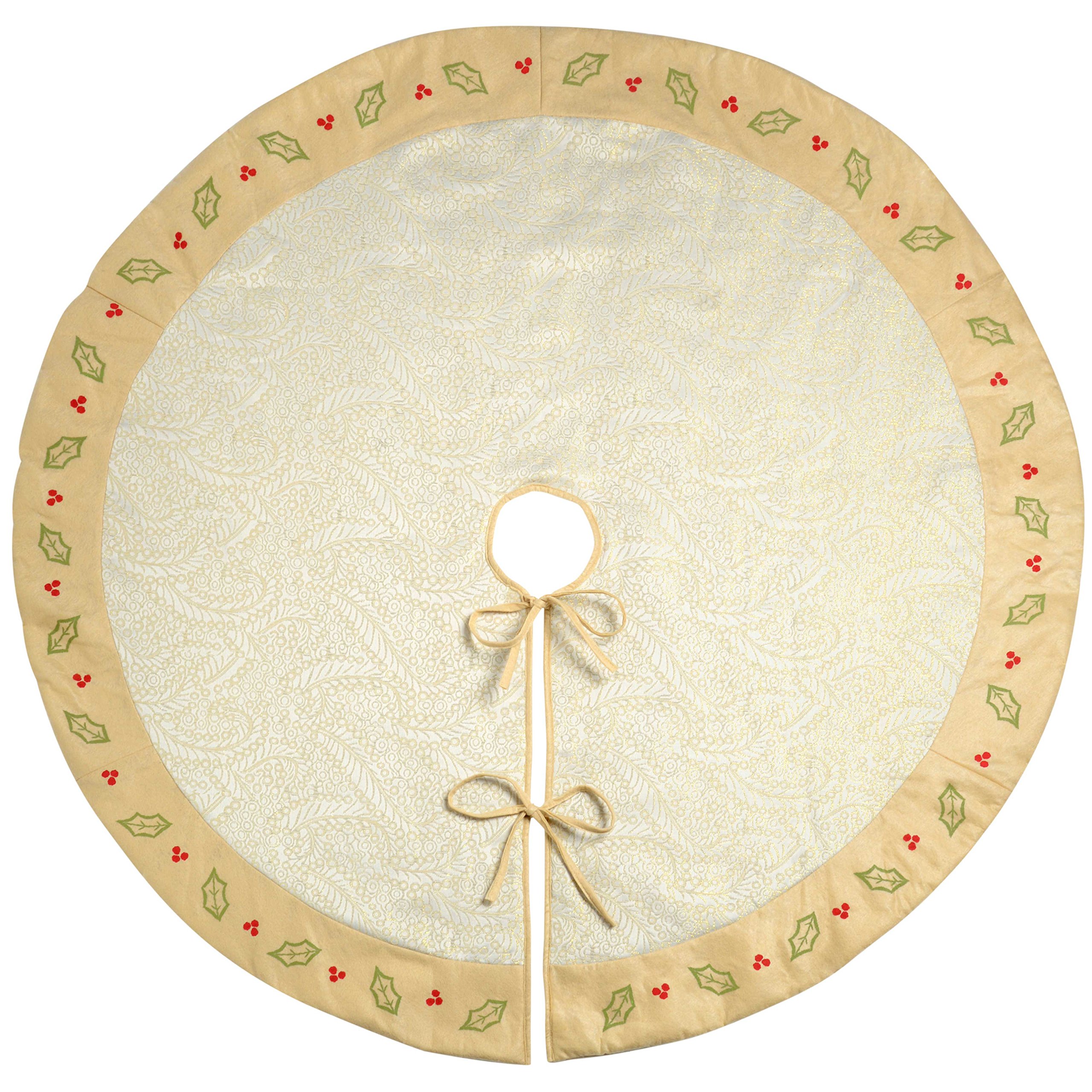 WeRChristmas Holly and Berry Quilted Christmas Tree Skirt Decoration, 140 cm - Large, Cream — image 1
