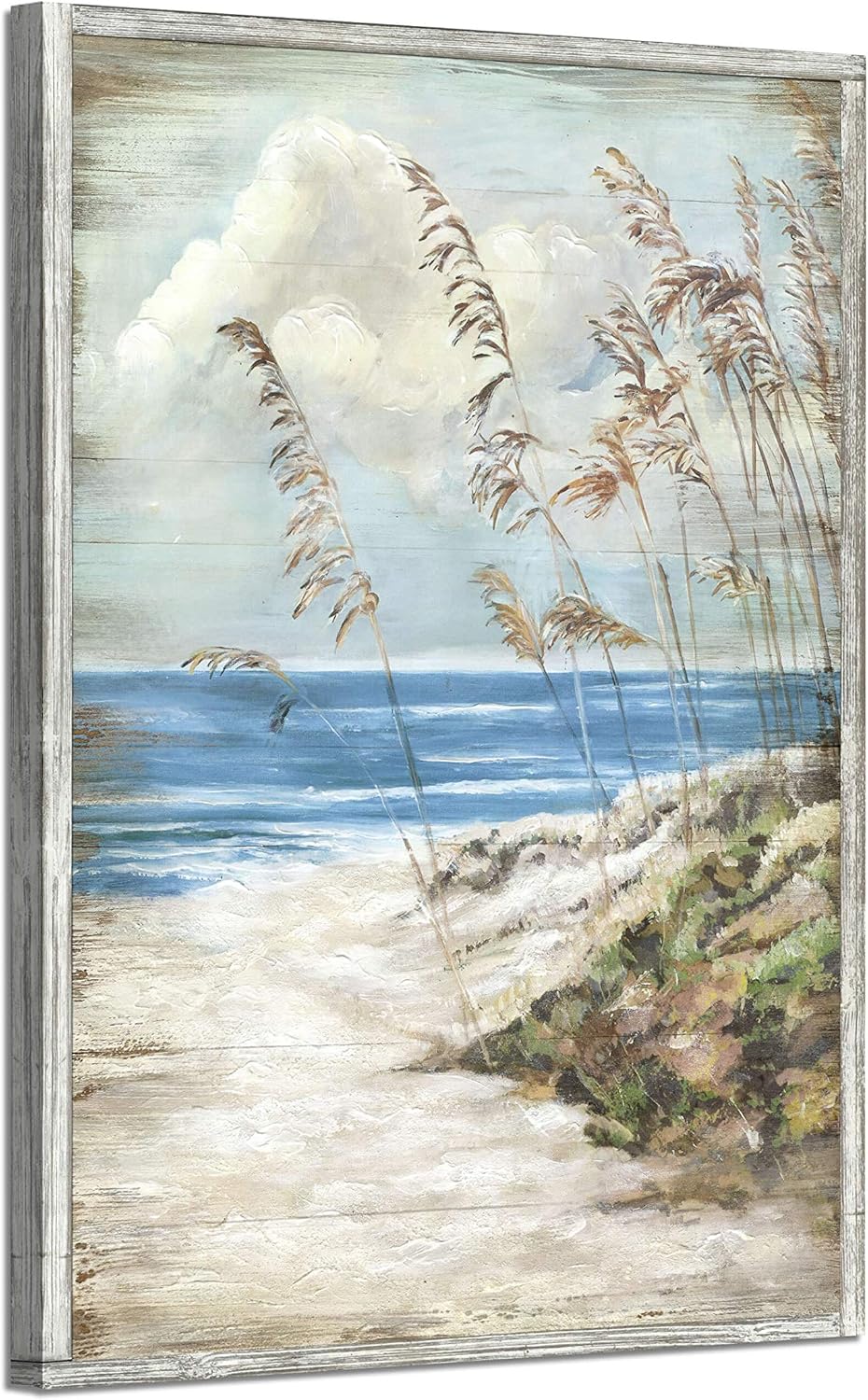 Paintings - Abstract Beach Wooden Wall Art: Seaside Artwork Hand Painted Painting Framed for Bedroom (24''W x 36''H, Multi-Sized)