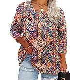 TFSDOD Womens Plus Size Tops 3/4 Length Sleeve Blouses Crew Neck Shirts Casual Loose Tunic Tops 1X-5X