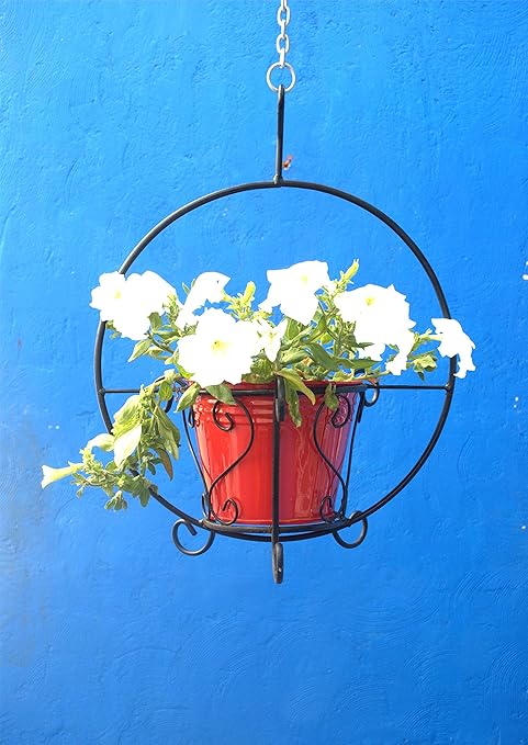 Green Gardenia Iron Hanging Basket with Metal Pot Red