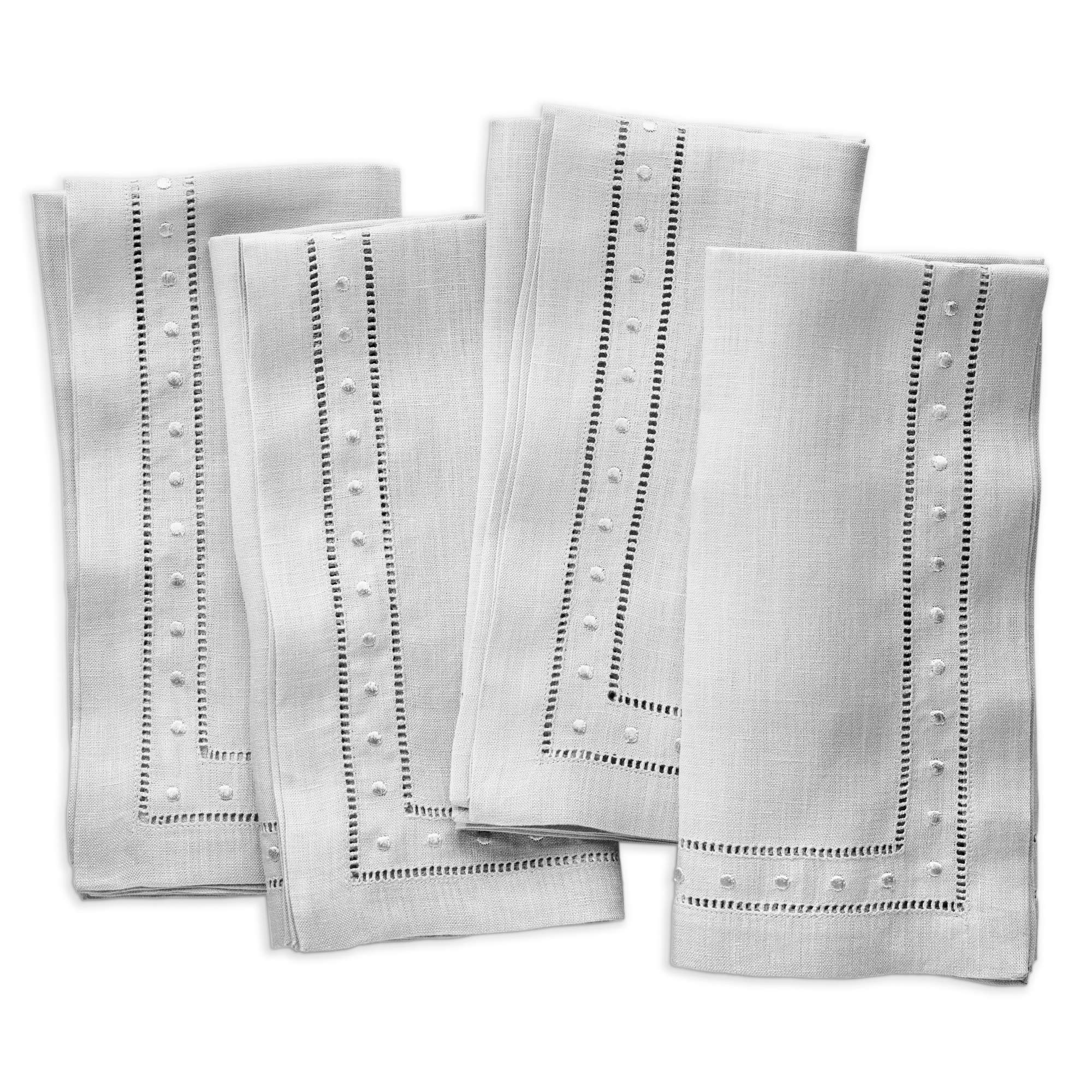 O'lucio Linen Napkins Cloth - Light Grey 45 x 45 cm, Set of 4 Hemstitched Dinner Napkins with Embroidered Swiss Dot - Machine Washable, French Flax Natural Fabric for Spring, Summer Holidays
