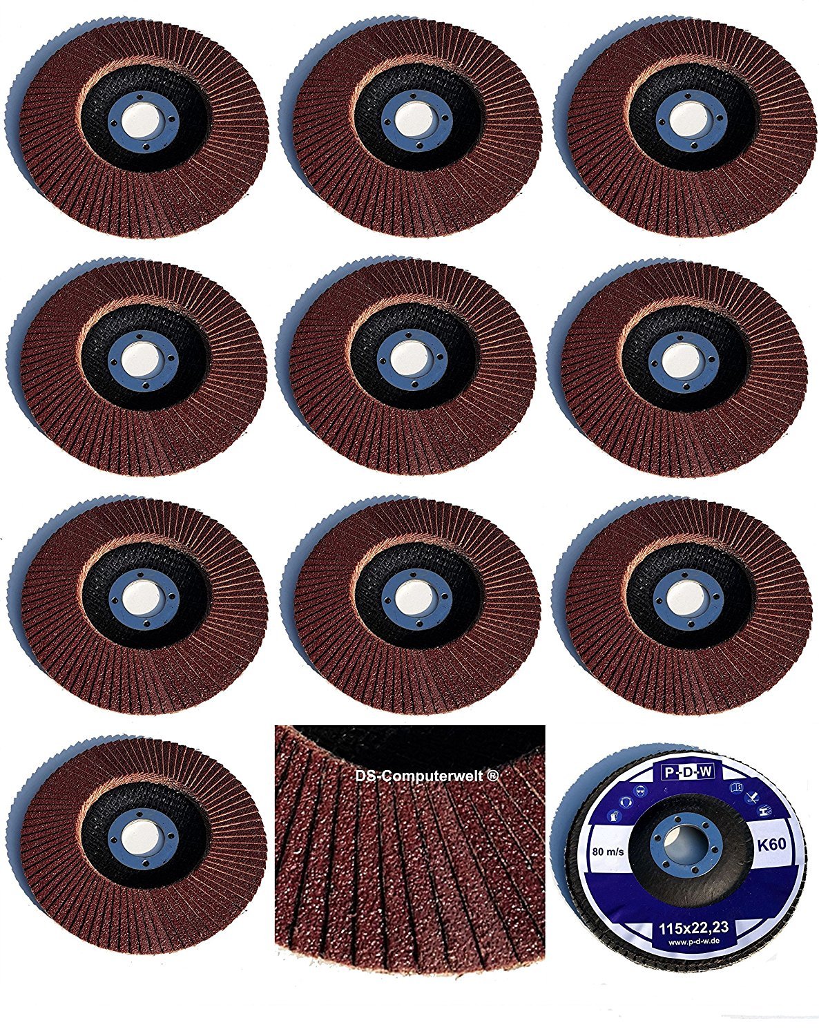 Set of 10 standard flap discs, serrated washers, diameter of 115 mm x
