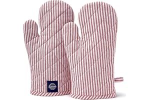 Encasa XO Long 12"x7" Oven Microwave Hand Gloves Mitts (2 pc Set) for Kitchen Cooking & Baking - Heat Resistant, Thick & Safe, Protection of Hands from Hot Utensils - Ticking Red