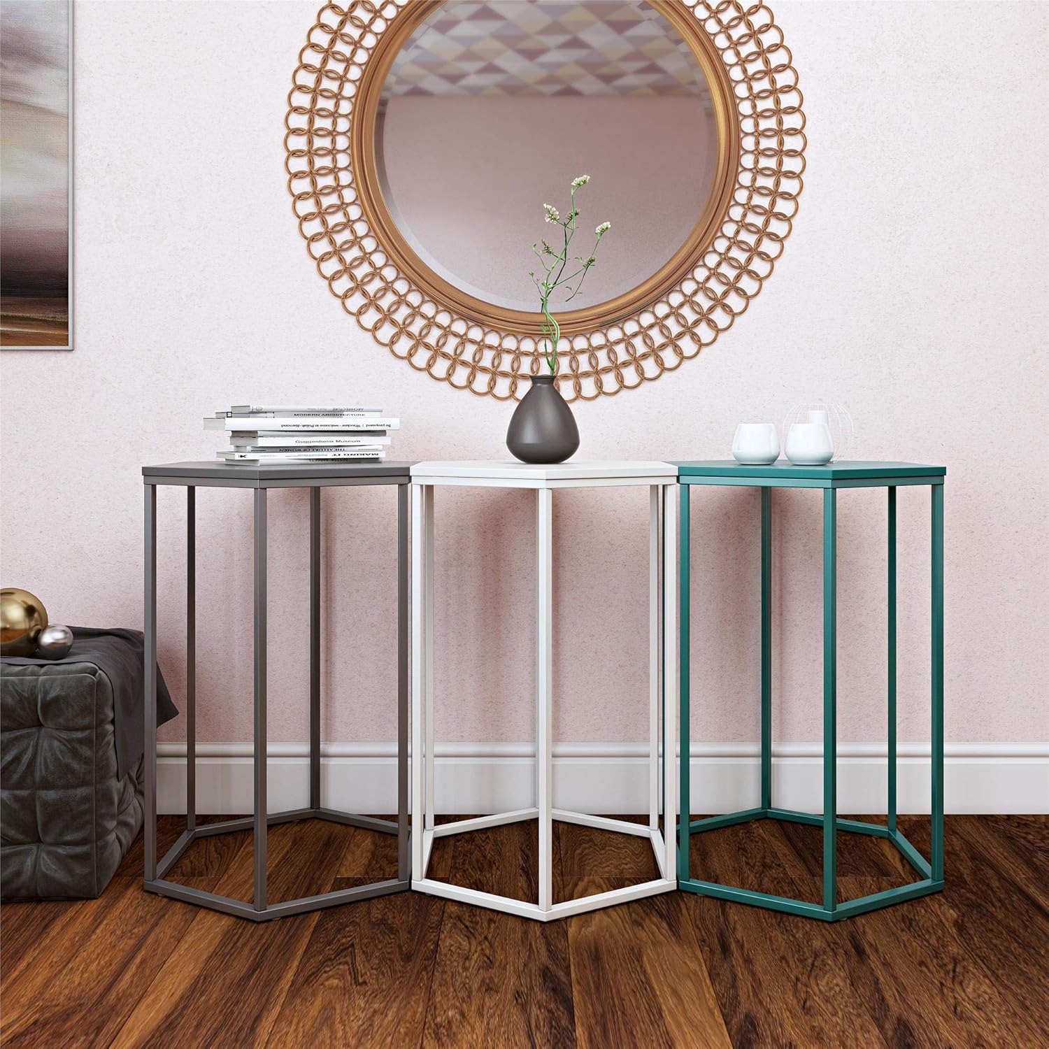 CosmoLiving Park Ave. Hexagon Accent Table Set, White/Graphite/Emerald Green: Furniture & Decor