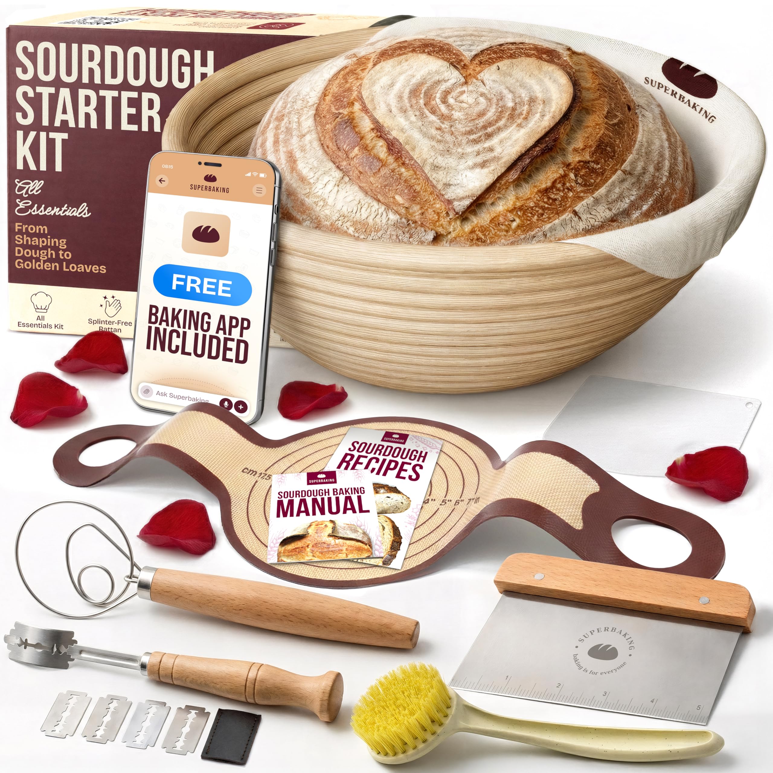 Photo 1 of Superbaking Sourdough Starter Kit, 9" Round Banneton Bread Proofing Basket Set, Sourdough Bread Baking Supplies, Sourdough Tools with Silicone Bread Sling, Bread Making Tools, Baking Gifts