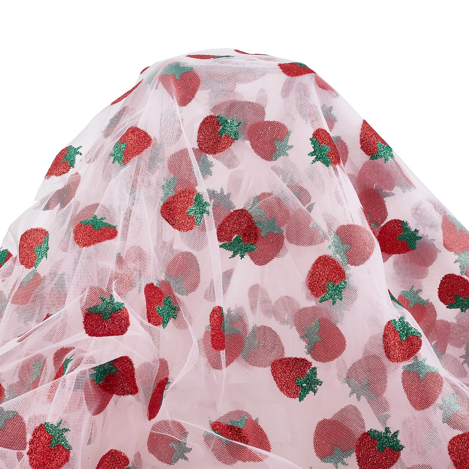 NICENEEDED 3 Yards Strawberry Tulle Lace Fabric, Fruit Embroidered Mesh Tulle Net Yarn Tulle Fabric, 63 Inch Wide Lace Ribbon Tulle Sewing Accessories for Skirt Dress Party Decoration