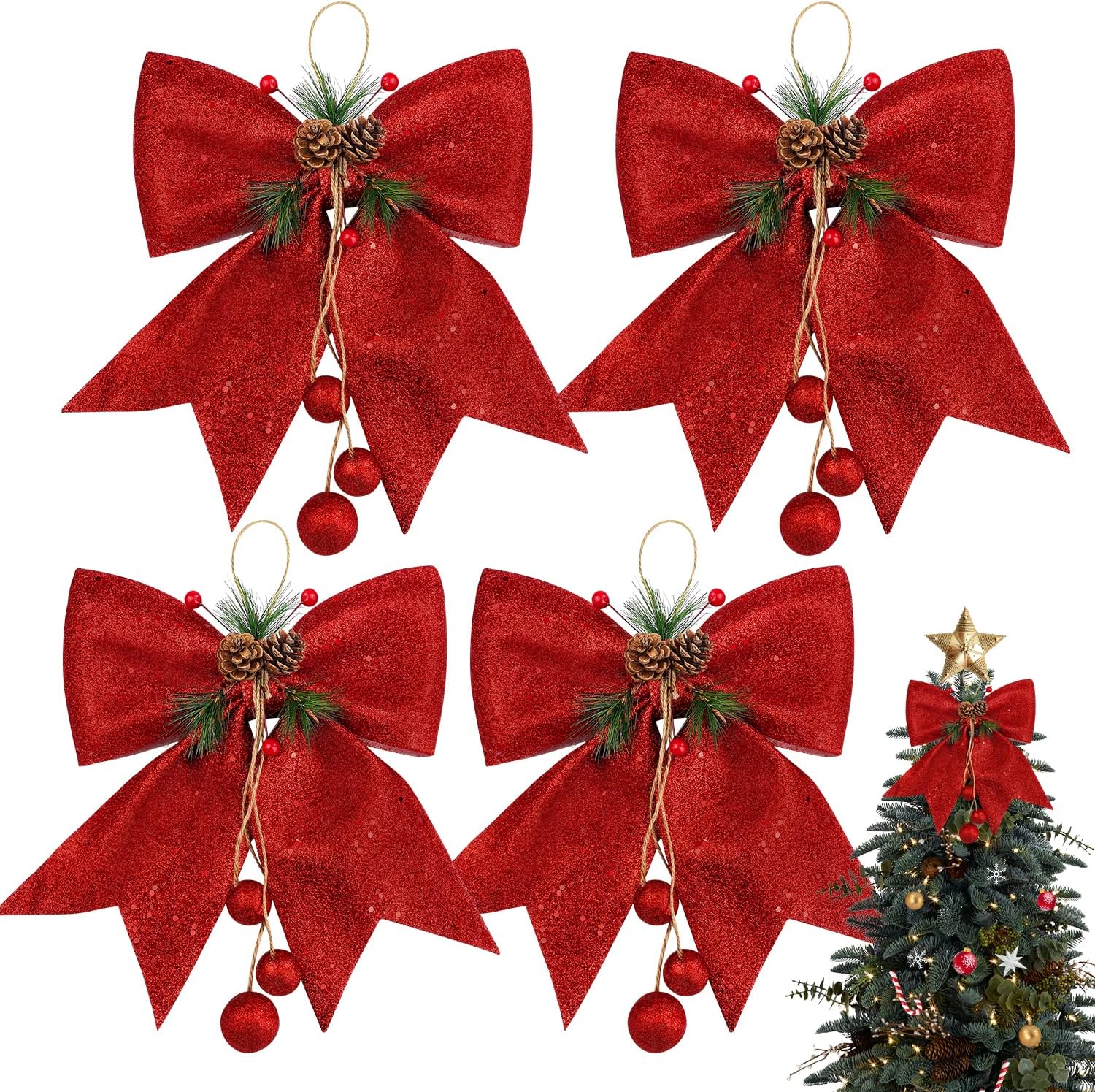 Bows & Ribbons - Ndeno 4pcs Christmas Red Bow, Sequin Wreaths Bows Ties, Christmas Tree Topper Glitter, Xmas Decorative Bows Ornament for Home Wedding Festival, Christmas Party Supplies, 9.8 x 11.8in (Red)