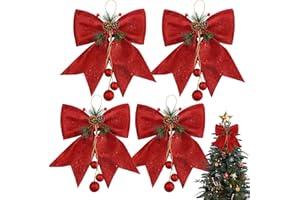 Ndeno 4pcs Christmas Red Bow, Sequin Wreaths Bows Ties, Christmas Tree Topper Glitter, Xmas Decorative Bows Ornament for Home Wedding Festival, Christmas Party Supplies, 9.8 x 11.8in (Red)