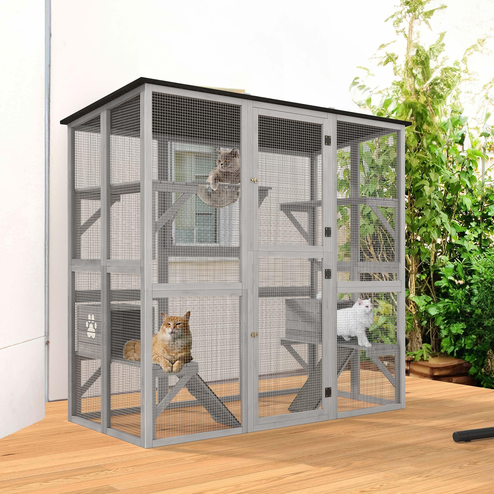 Photo 1 of YITAHOME Catio Outdoor Cat Enclosure Large, Tall Wooden Cat House with Weatherproof Asphalt Roof, Cat Cage Playpen with Multiple Platforms & 2 Resting Boxes, 70.9" L x 38.2" W x 70.9" H