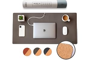 NORDIK BY DESIGN Nordik Cork Leather Desk Mat Cable Organizer (Gunmetal Grey 35 X 17 inch) Premium Extended Mouse Mat for Home Office Accessories - Non-Slip Vegan Leather Desk Pad Protector & Desk Blotter Pad