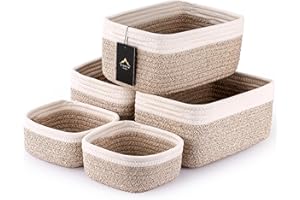 VIRETH HAUS 5-Pack Small Woven Rope Storage Baskets – 2 Sizes Organizer Bins for Closet, Shelf, Bookshelf, Nursery, Changing Table, Fabric Cube Boxes, Rectangular Shallow Bins for Bathroom, Toy & Home