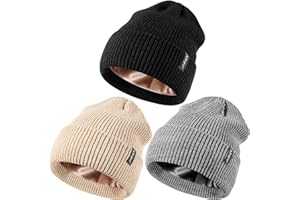 ALEPO 3 Pack Satin Lined Beanie for Women Men, Silk Lined Winter Hats for Cold Weather, Warm Cable Knit Skull Cap Cuffed Beanies