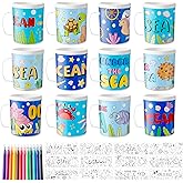 Ocean Animals Color Your Own Mugs for Kids - 12Pcs Under the sea Bulk 8oz Personalized Coffee Mugs with 36Pcs Insert Paper DIY Plastic Cups for Christmas Winter Party School Home Activities Supplies