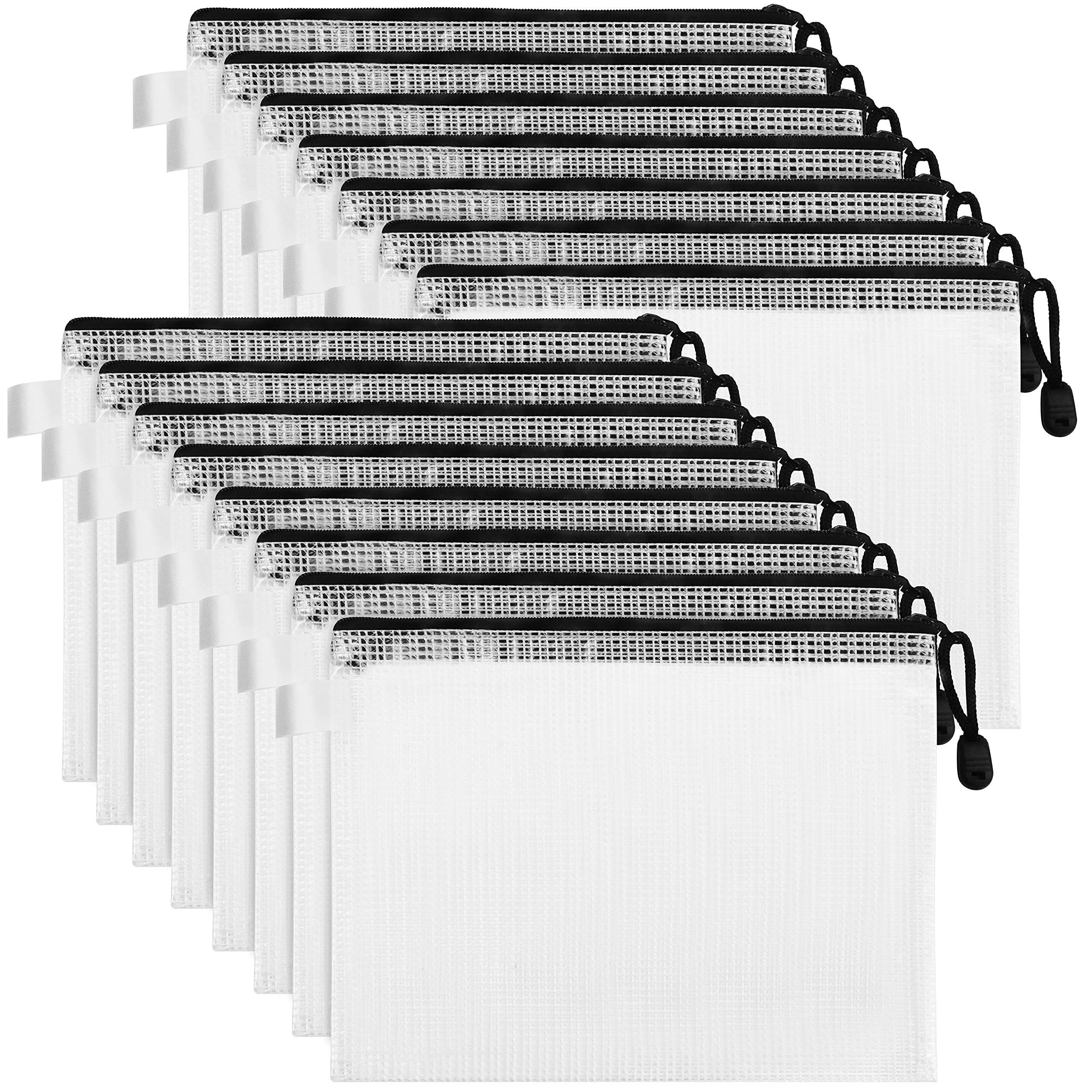 Belle Vous Clear Plastic Mesh Large Zipper Pouches (15 Pack) - A4 Document Zip File Bags/Folders - Multipurpose Waterproof Wallets for Travel Accessories, Organising Cosmetics, School/Office Supplies