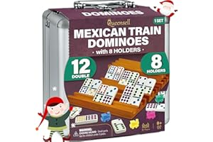 Queensell Mexican Train Dominoes Set with 8 Holders - Wooden Hub and Tiles Holders - Double 12 Tiles with Dots (D12 + 8 Holders)