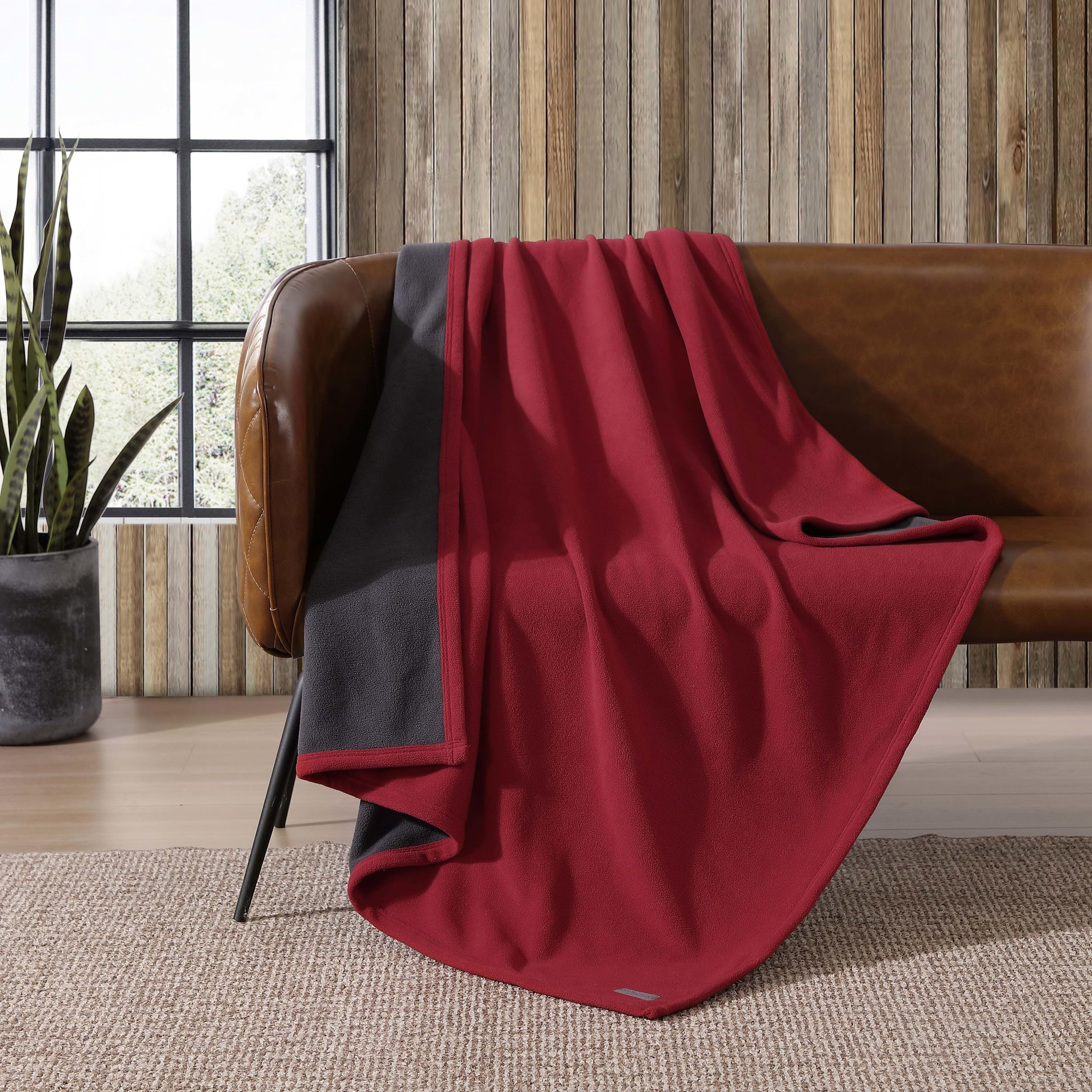 Eddie Bauer | Throw-Reversible Fleece Blanket, Soft & Cozy, Perfect for Bed & Couch, Polyester, Red/Dark Smoke