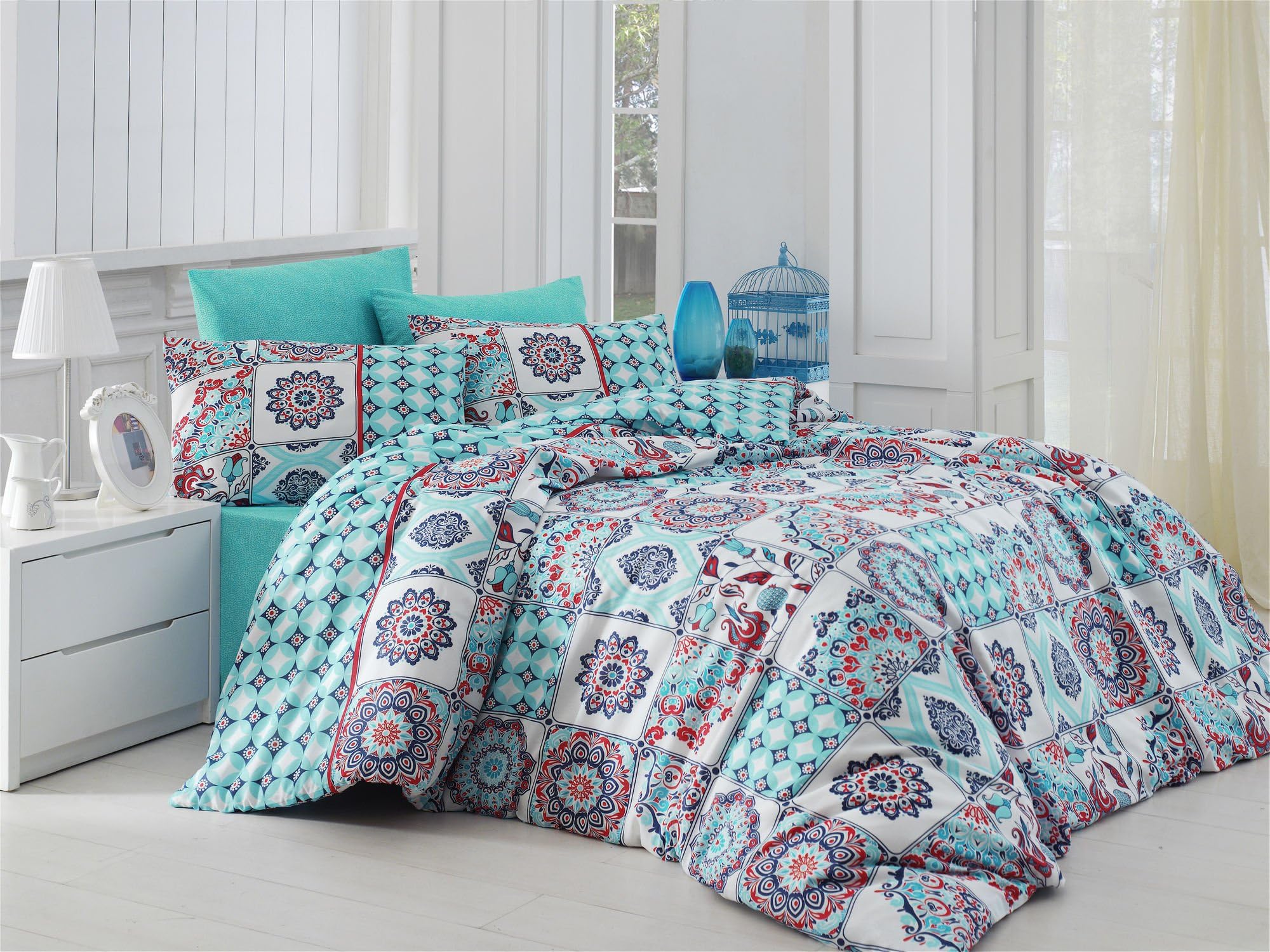 Bedding Set Linen King Psychedelic Ombre Lotus Quilt 220x240 cm Duvet Cover Paisley Mandala Mystic Nirvana Hippie Gypsy Green Blue Red Indian African Ethnic Reactive Yoga Oriental Buddha Terra Cotta