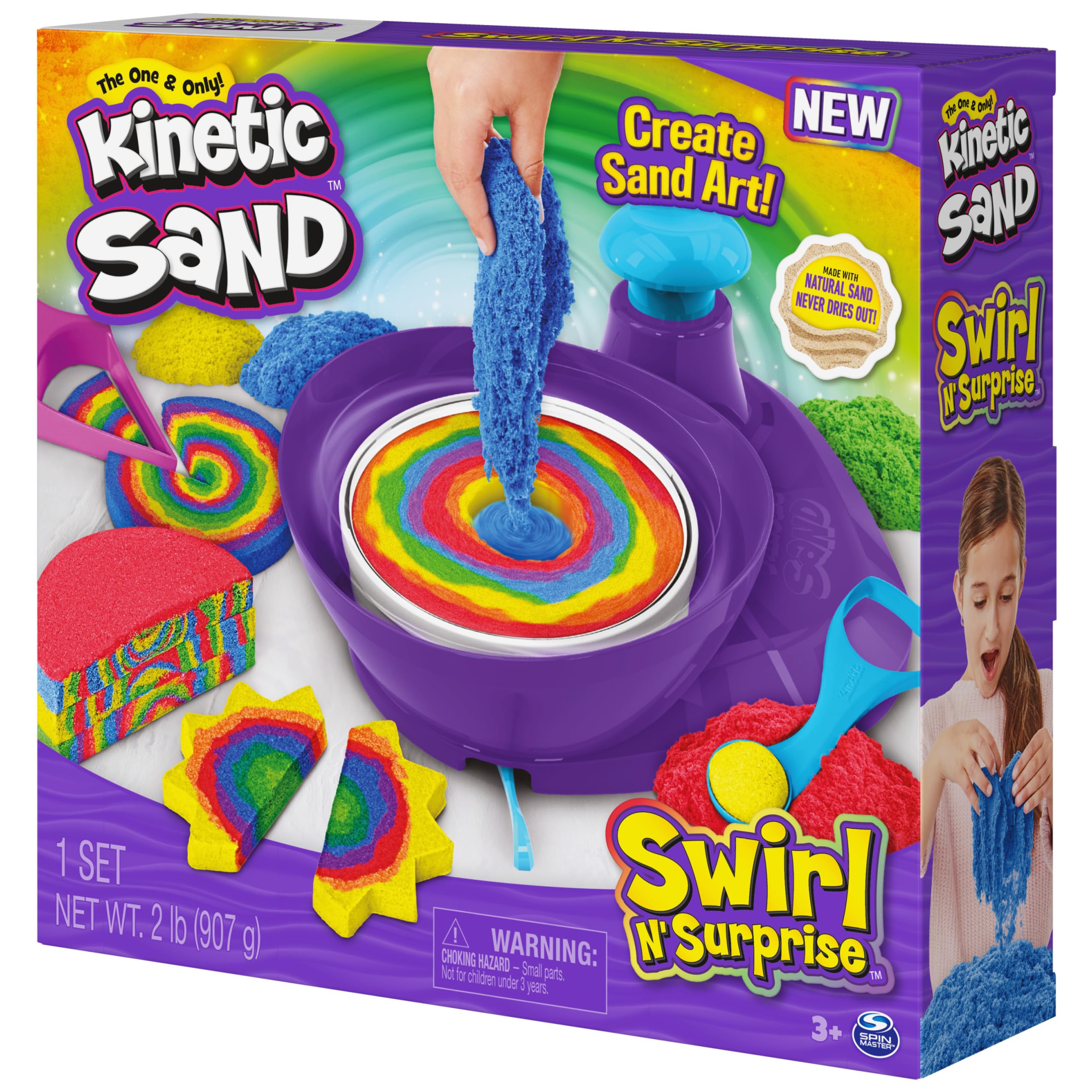 Kinetic Sand, Swirl N’ Surprise Playset with 2lbs of Play Sand, Including Red, Blue, Green, Yellow and 4 Tools, Sensory Toys for Kids Ages 3 and up