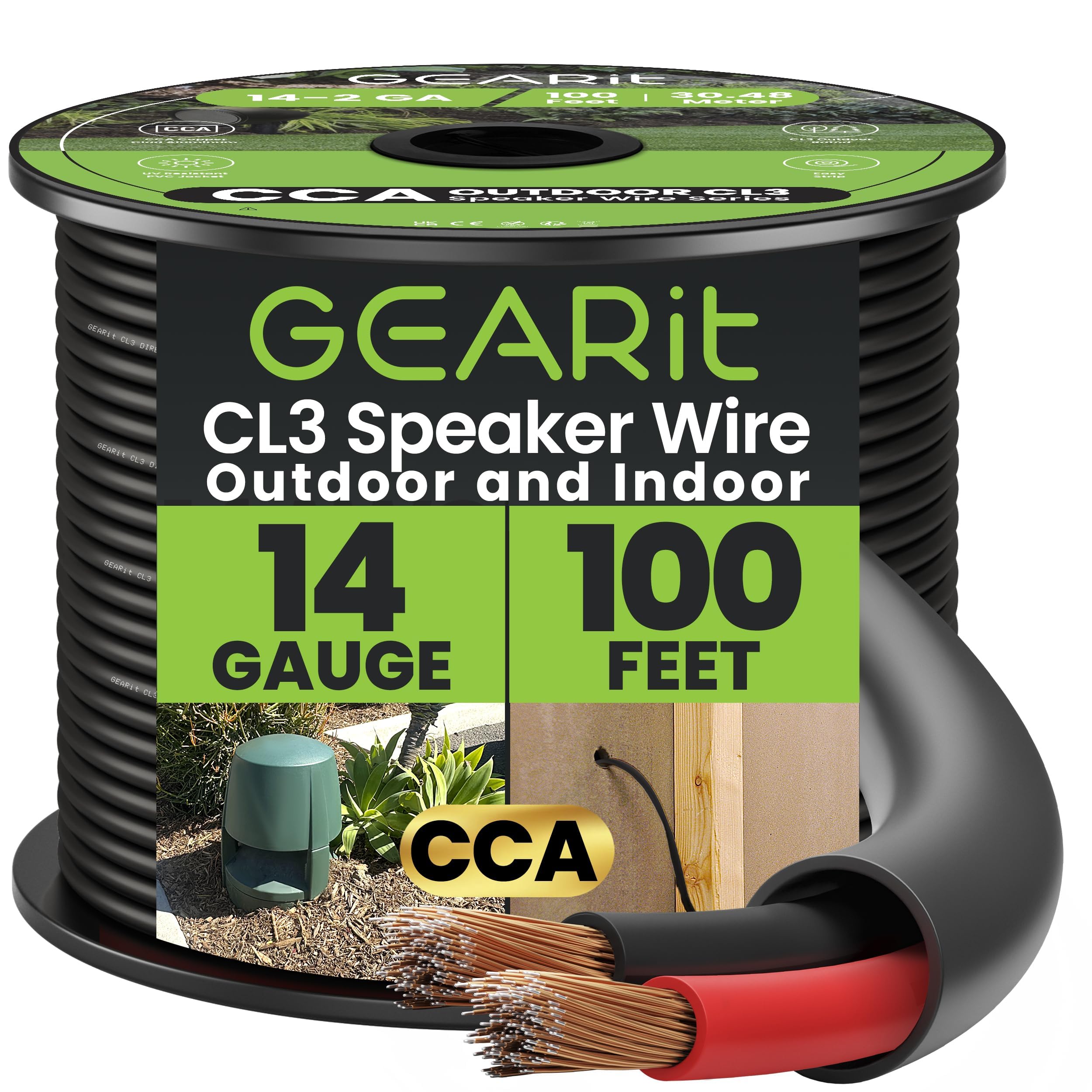 GEARit Speaker Wire 14 Gauge (100 Feet), Black Speaker Cable 14AWG, 2-Conductors, Speaker Wires for Car Audio and Outdoor Home Theater, CL3 Rated for Direct Burial/in-Wall Use, Copper Clad Aluminum