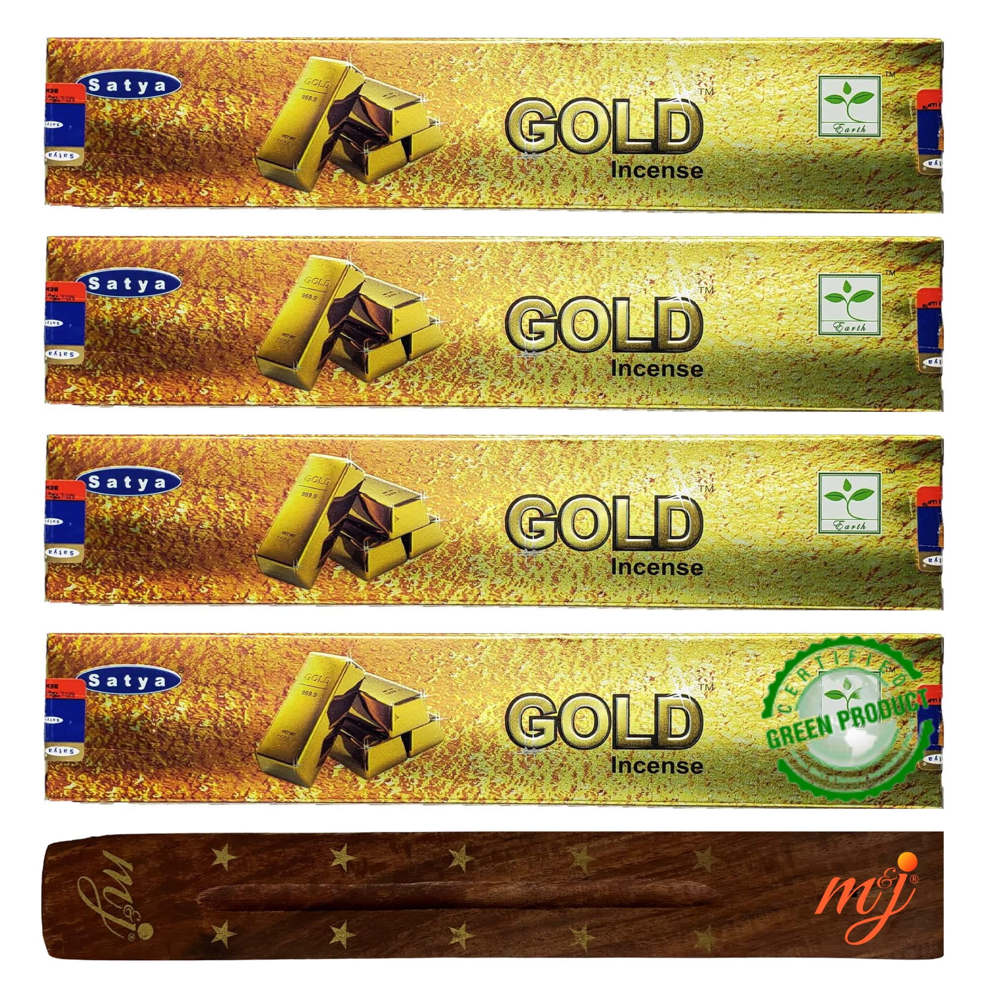 Original Satya Nag Champa Gold Incense Sticks | with M&J incense sticks holder | x4 pack | for Aromatherapy, Spa, Yoga, Weddings, Meditation, Healing, Positivity and Relaxation — image 1