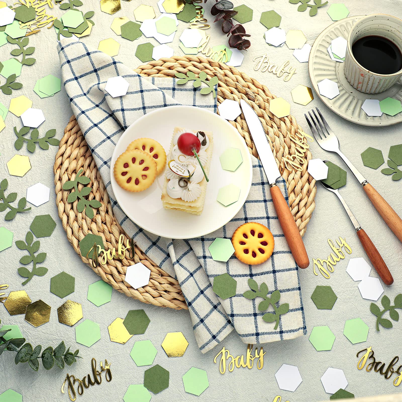 220 Pcs Greenery Baby Shower Confetti Table Decoration with Eucalyptus Sage Green Gold Paper Neutral Confetti Scatter Hexagon Shape for Baby Girl Boy Gender Reveal Birthday Party Decor(Fresh Color)