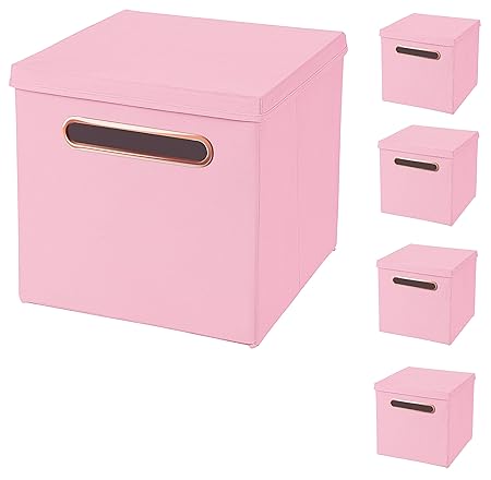 CM3 5 Stück Rosa Faltbox 32,5 x 32,5 x 32,5 cm mit Rosegold Griff Aufbewahrungsbox faltbar, mit Deckel