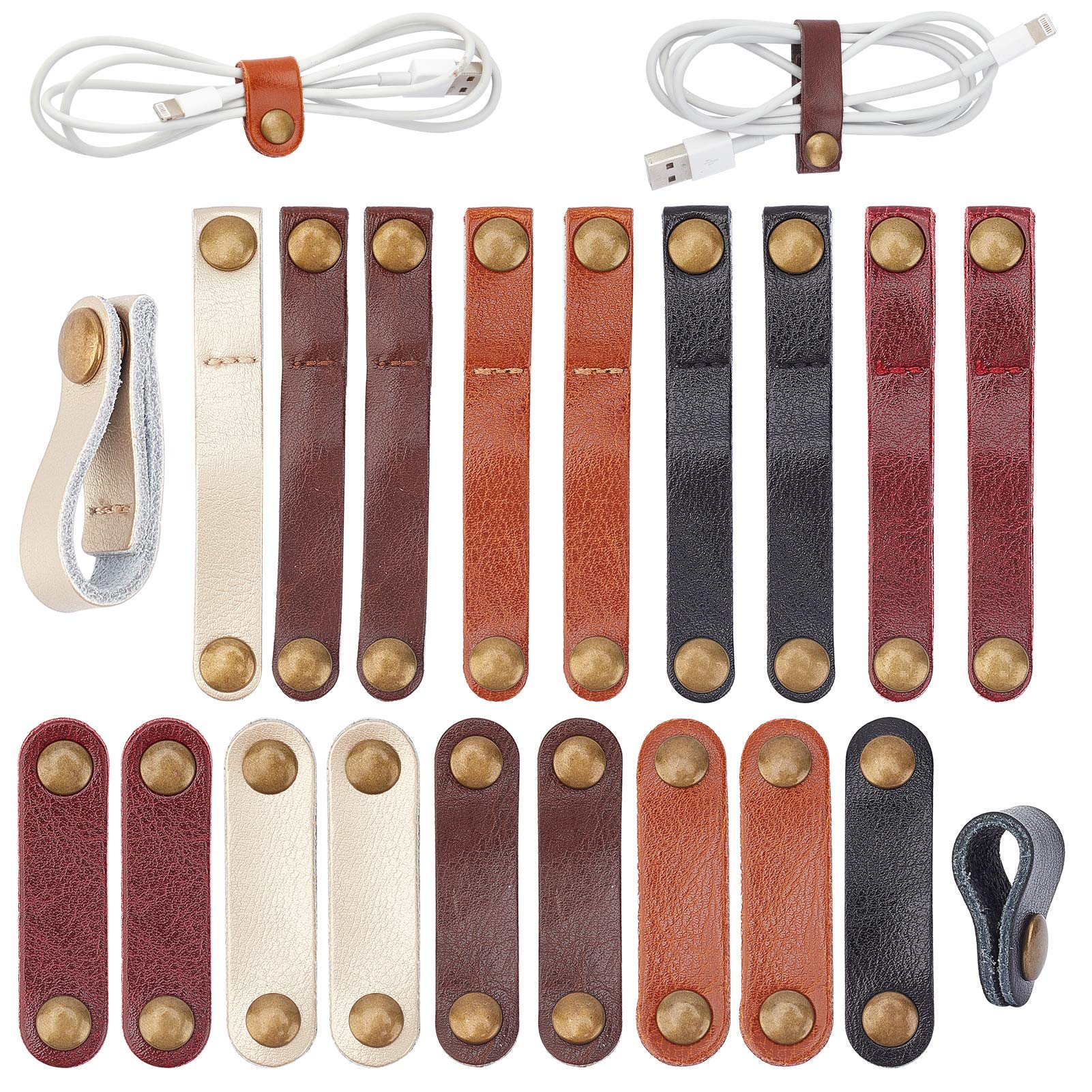 GORGECRAFT 20 Pcs Leather Cable Straps and Ties - Cable Organizers and Cord Management for USB, Headphone Wires - 2 Sizes, 5 Colors — image 1