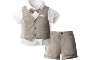 Volunboy Baby Boys Summer Suits Short Sleeve Wedding Ring Bearer Outfits 4Pcs Graduation Dress Vest Shirt Bowtie Shorts Set