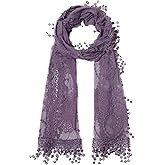 Women's lightweight Feminine Lace teardrop fringe Vintage Mesh Crochet Tassel Scarf for Women
