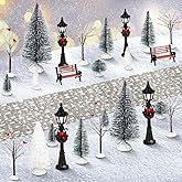 Hotop 28 Pcs Mini Artificial Christmas Village Tree Set Snow Christmas Pine Bare Branch Trees Xmas Street Lamp Post Miniature Park Bench Seat Cobblestone Street for Decoration(Classic)