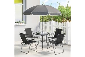 Outsunny 6 Pieces Patio Dining Set for 4, Outdoor Patio Set with Umbrella, Folding Chairs and Glass Table, Patio Furniture Di