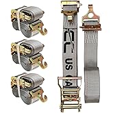 US Cargo Control Dual-End E Track Straps for Van Trailer (4 Pack), 2 in x 16 Ft Gray E Track Ratchet Straps with F-Track Hooks and Spring E-Fittings, 733 lbs. Working Load Limit, Logistic Tiedowns