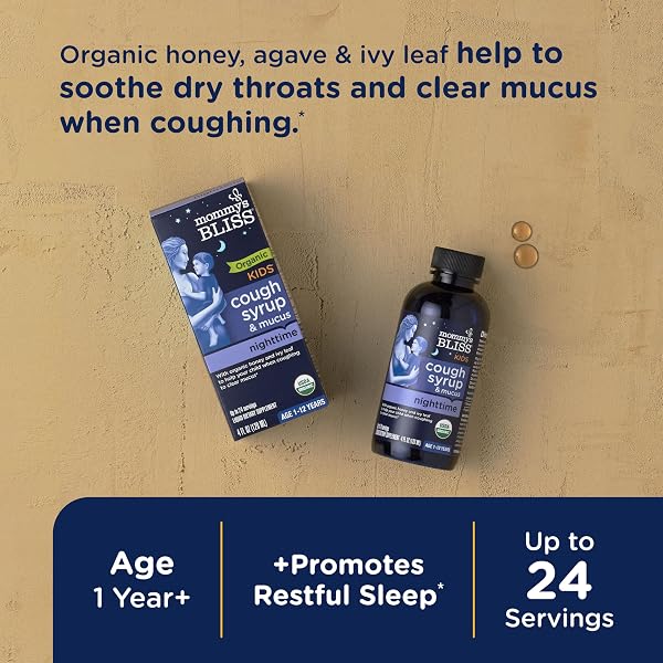 MOMMY’S BLISS KIDS ORGANIC COUGH SYRUP & MUCUS RELIEF FOR NIGHT TIME, AGAVE & HONEY, IVY LEAF, ZINC, VITAMIN C, COUGH SYRUP FOR KIDS, +HERBAL NIGHTTIME BLEND, 4 FL Z