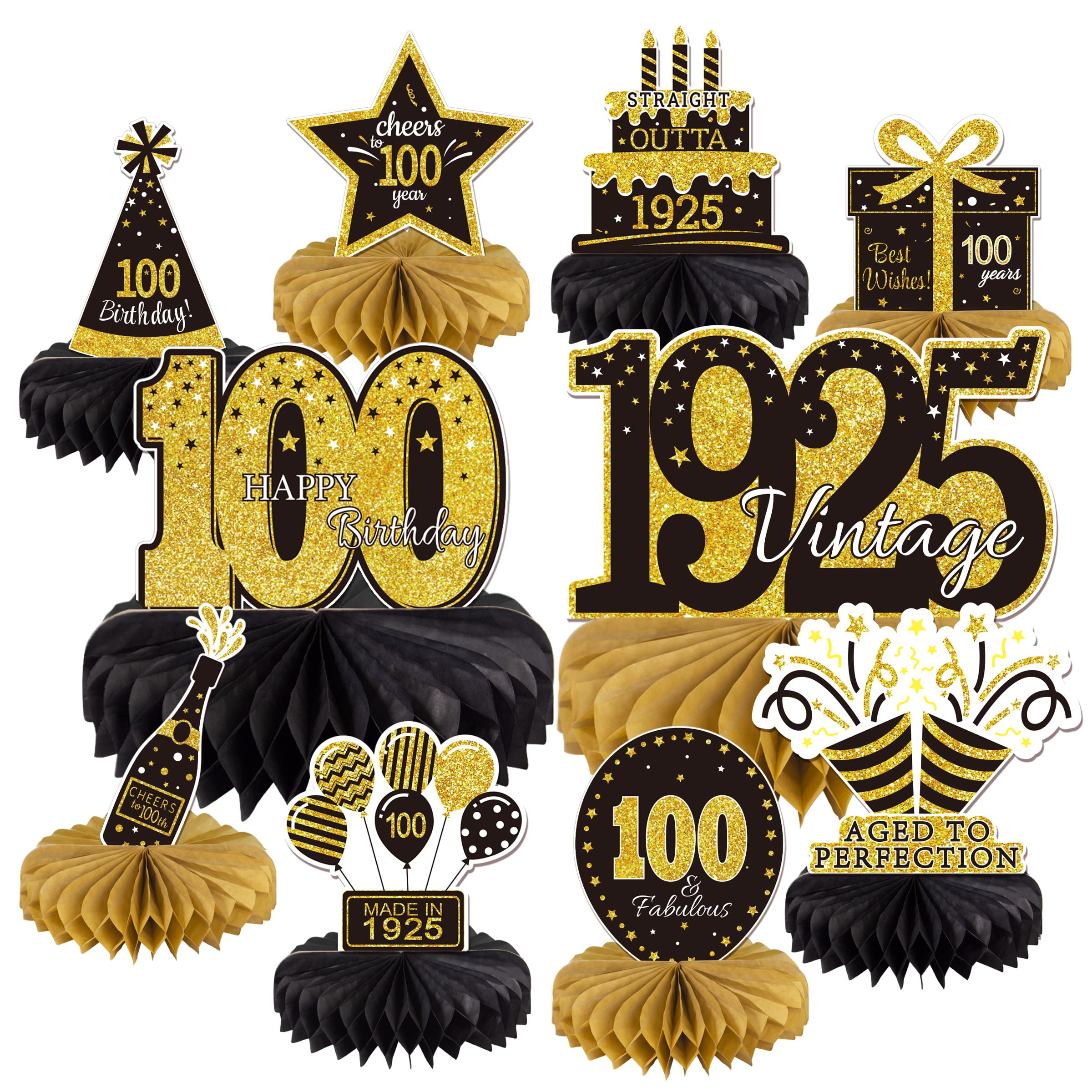 Photo 1 of 10PCS 100th Birthday Decorations Centerpieces for Table Decorations, 2025 Vintage 1925 Honeycomb Table Topper Back in 1925 Birthday Party Decoration for Men and Women (Gold & Black, 100 Years)
