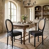 QUINJAY Farmhouse Dining Chairs Set of 2, French Country Dining Room Chairs | Breathable Linen Upholstered Vintage Kitchen Chairs, Rattan Backrest, Wood Frame, Side Chairs, Living Room Reception