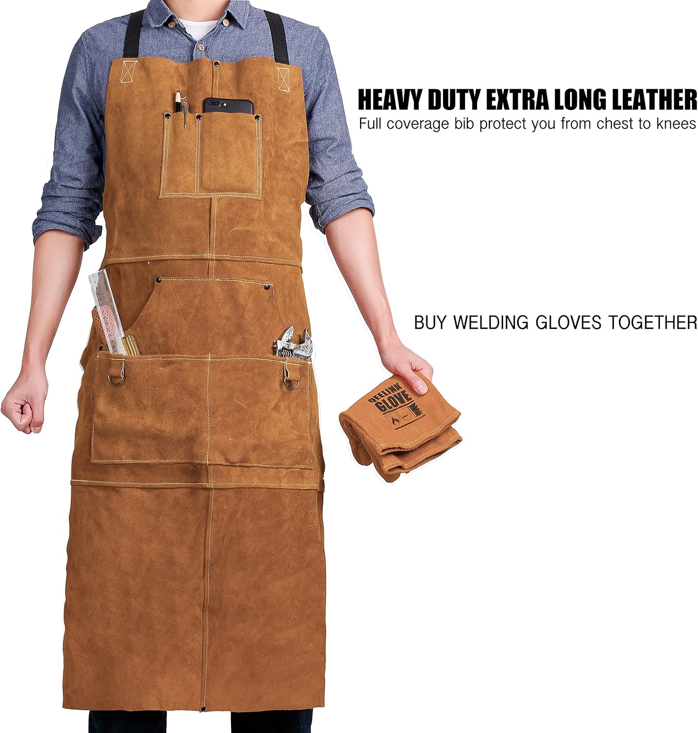 Leather Welding Apron by LeaSeek - Heavy Duty Tools Shop Apron with 6 Pockets, 24inch X 42inch Extra Long, Brown(Size: M to XXL) - Image 5