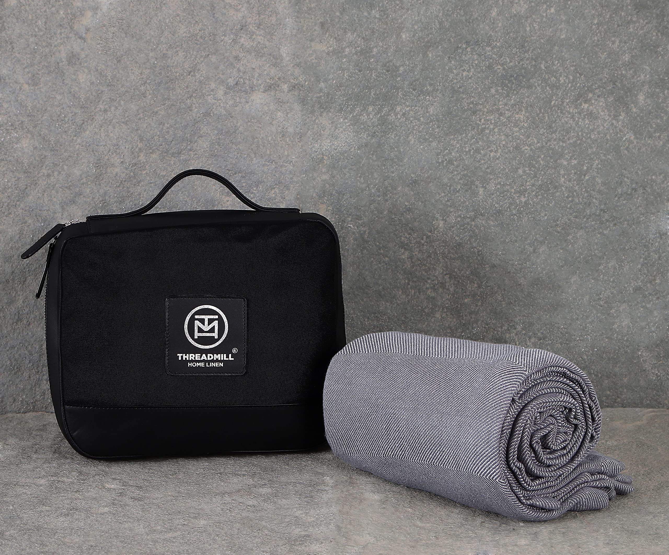 Photo 1 of Threadmill Travel Blanket Cotton Viscose derived from Bamboo - Airplane Premium Soft Light Blanket Throw with Black Leather Bag(Grey Color) Compact & Portable Blanket for Travel, Car, Picnic & Camping