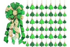 DILUNAVE 55 Pieces St. Patrick's Day Shamrock Ornaments Saint Patty's Day Lucky Green Hanging Bauble Door Ornaments Mini Shamrock Bow for Tree Topper for Home DIY Crafts Irish Holiday Party Decor